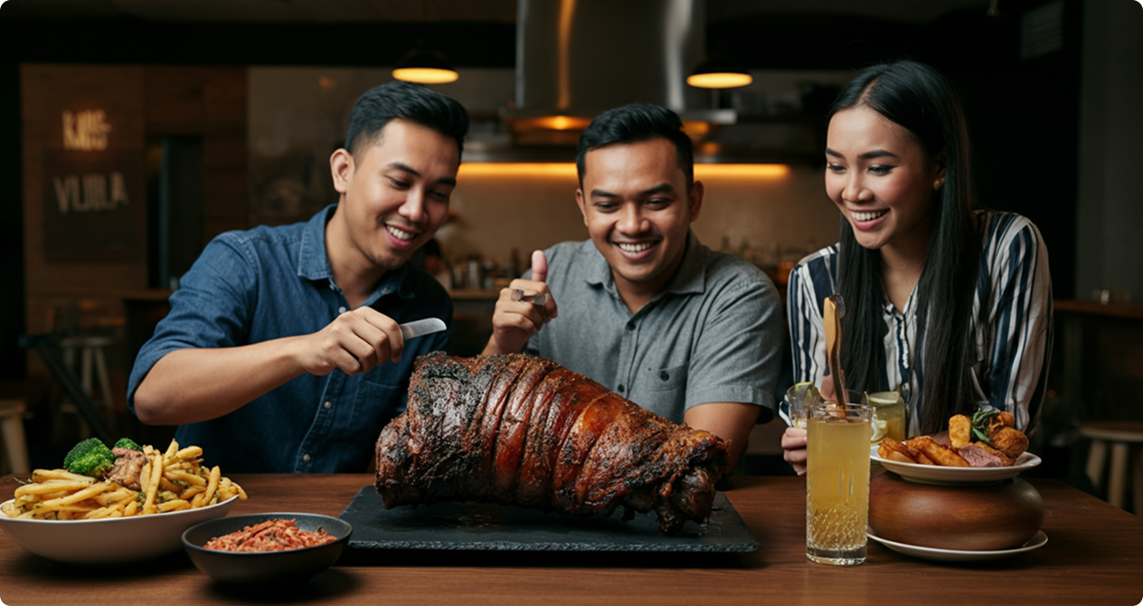 Happy Malaysian customers enjoying a slow roast lamb